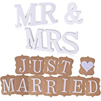 MR&amp-MRS Letras Madera Blanca Decoración Boda +3-2m Bandera Banderín JUST❤ MARRIED Tarjeta Kraft Decorativa para Boda…
